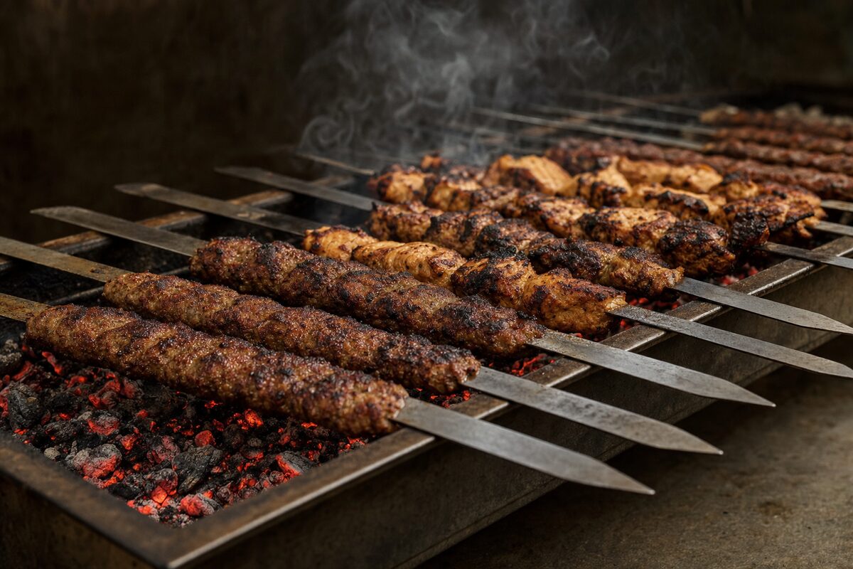 Flat steel skewers of dark-charred minced beef kabab and browned chicken laid in rows across a long charcoal grill, glowing red embers in the fire bed below and pale smoke rising into a dark background.