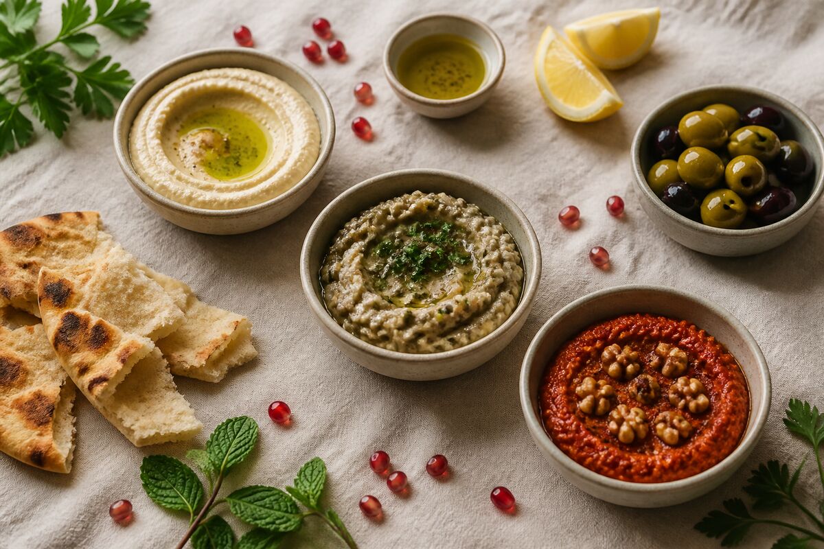 Bowls of dips with pools of olive oil beside a dish of olives, torn flatbread, mint, parsley and scattered pomegranate seeds on a linen cloth.