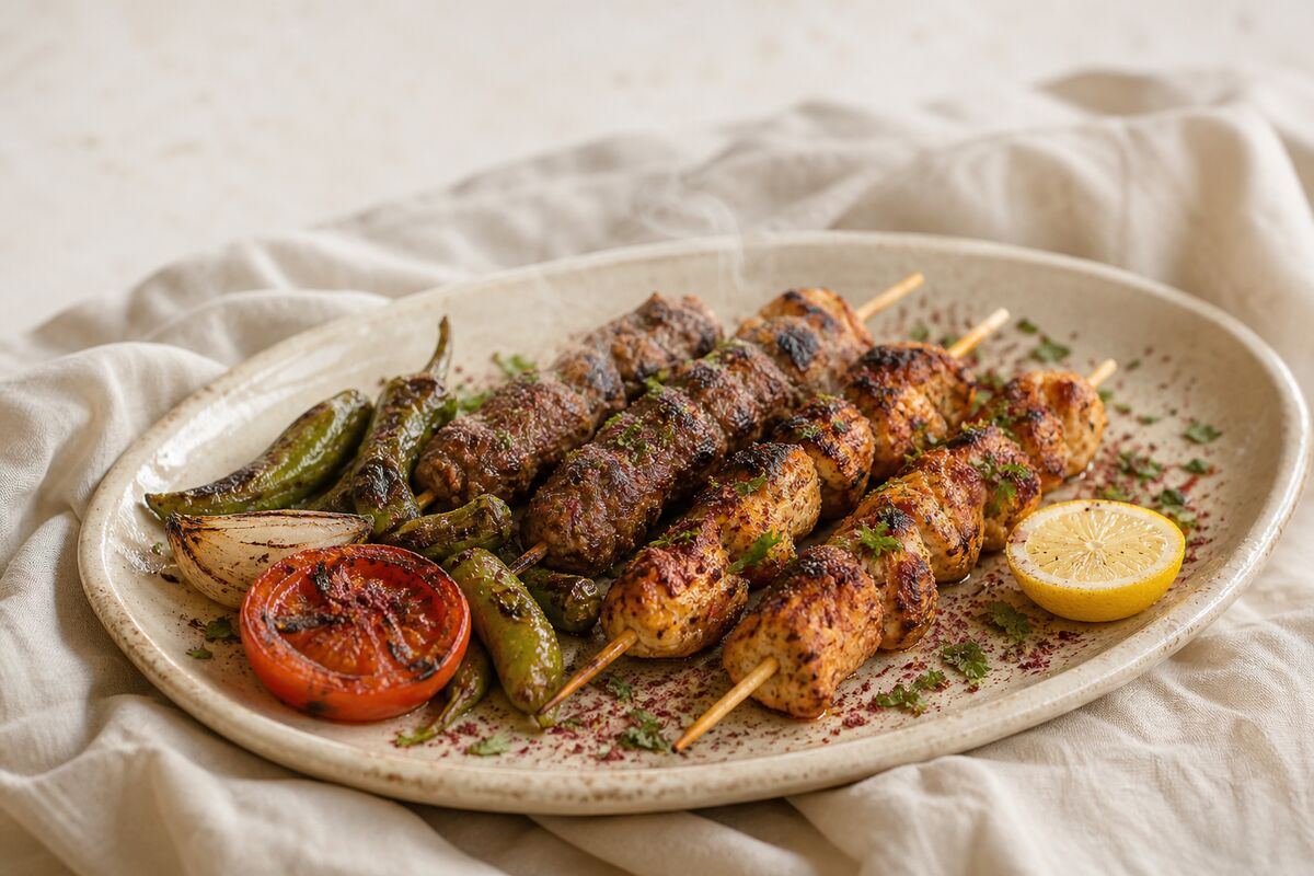 Grilled meat and chicken skewers resting on a stoneware platter with charred peppers, tomato, onion, chopped parsley, sumac and half a lemon.