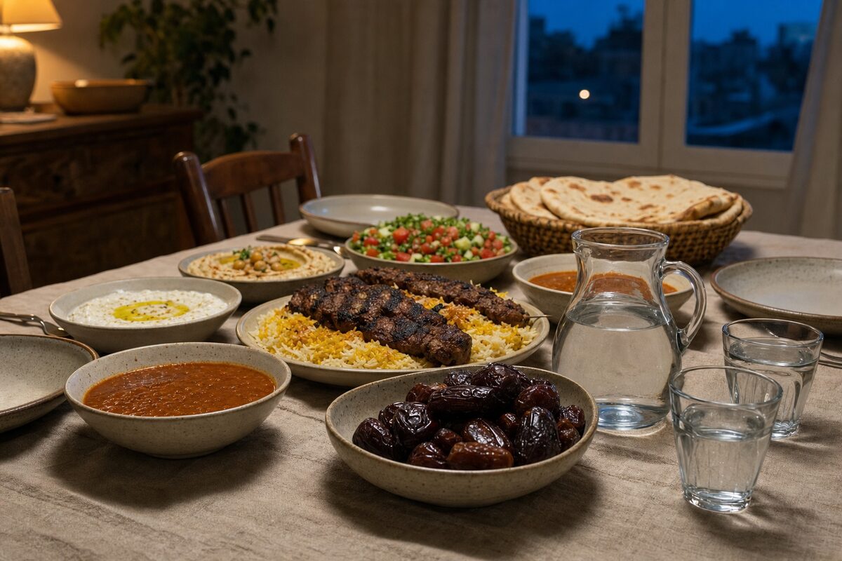A cream-linen family table at dusk with a stoneware bowl of dark medjool dates and a glass water jug in front, and behind them bowls of lentil soup, grilled meat over saffron rice, hummus, yogurt, chopped salad and a basket of flatbread, lit by a lamp with deep blue evening light in the window behind.