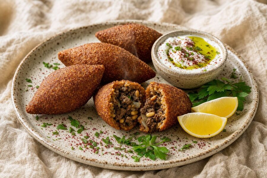 Four torpedo-shaped kibbe with pointed ends and craggy golden-brown bulgur shells on a speckled cream plate, one broken open to show a filling of spiced minced beef, onion and pine nuts, with a small bowl of white yogurt dip dusted with sumac, two lemon wedges and parsley.