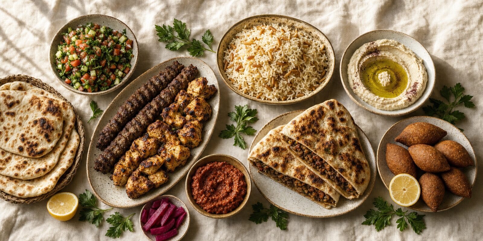 An overhead spread on cream linen: a basket of blistered flatbread, a bowl of chopped tomato and cucumber salad, a platter of ridged minced-beef kabab and golden grilled chicken, pickled turnip, brick-red muhammara, rice with toasted almonds, stuffed grilled flatbread cut to show its spiced meat filling, hummus pooled with olive oil, and a plate of golden kibbe with lemon.