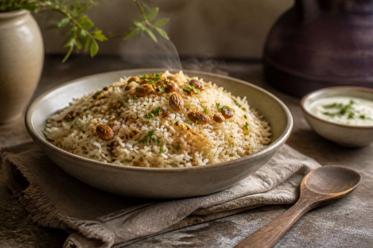 A wide bowl of steaming rice topped with toasted almonds and chopped parsley, on a folded linen cloth beside a wooden spoon.