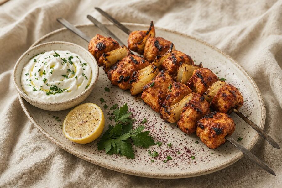 Skewers of grilled chicken breast with softened onion wedges, marinated deep paprika red and charred at the corners, on an oval speckled platter beside a bowl of thick white garlic sauce topped with parsley and olive oil, with half a lemon and a dusting of sumac.