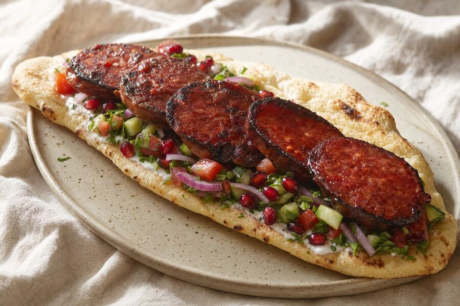 An open sandwich on a long flatbread laid on a speckled cream plate: thick coins of dark red spiced beef sausage, charred and glossy, overlapping down the bread over a chopped salad of cucumber, tomato, parsley and red onion with pomegranate seeds and a smear of white garlic sauce.
