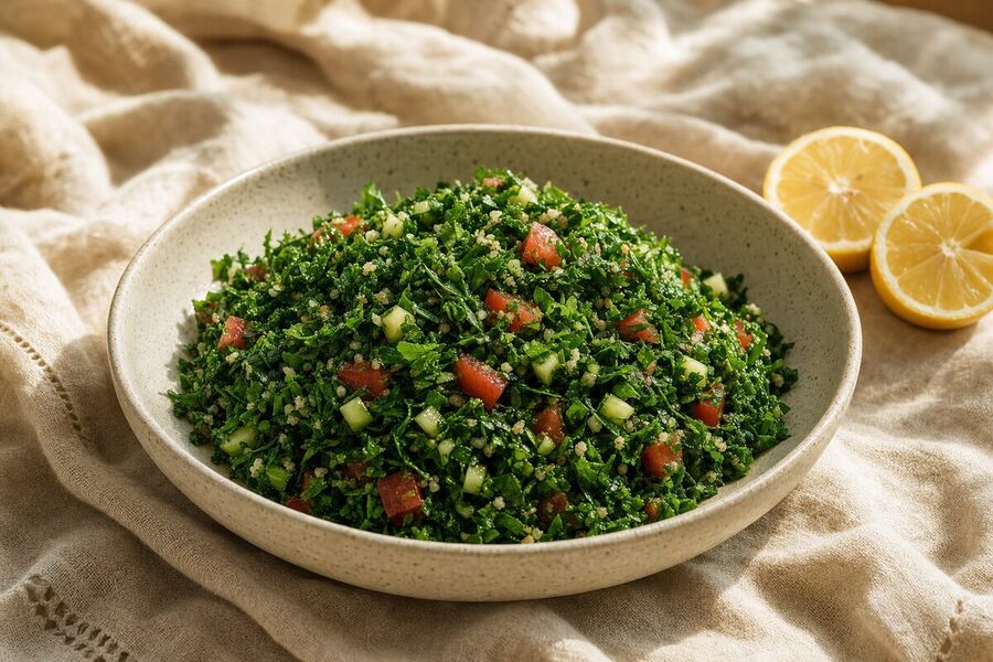 A wide shallow speckled bowl heaped with finely chopped parsley and mint studded with small cubes of tomato and cucumber and a light scatter of pale bulgur, glistening with olive oil, with two cut lemon halves on the cream linen beside it.