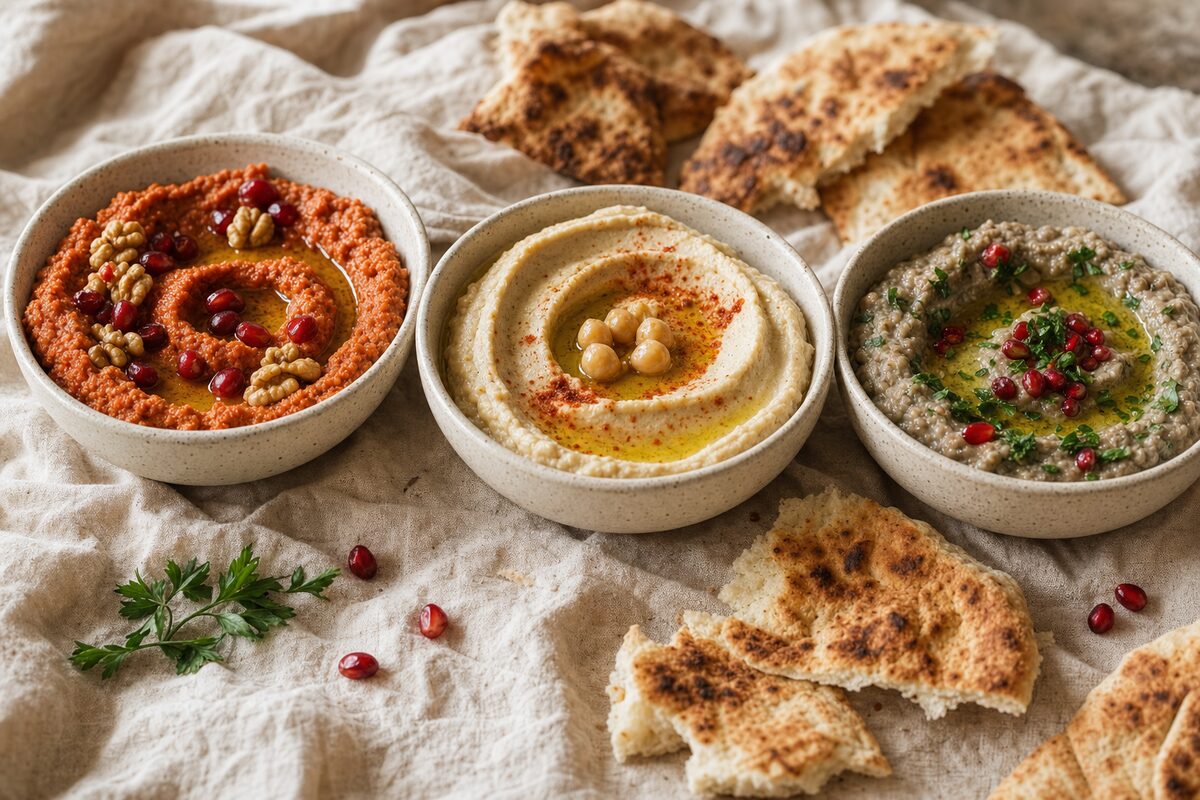 Three speckled bowls side by side: brick-red muhammara topped with walnut halves and pomegranate seeds, pale hummus swirled with olive oil and dusted with paprika, and grey-beige baba ganoush scattered with parsley and pomegranate, with torn charred flatbread on the linen around them.