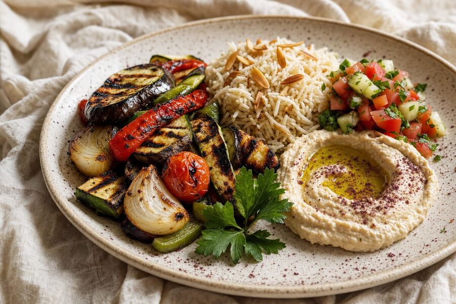 A speckled cream plate holding charred grilled courgette, aubergine, red pepper and onion with a blistered cherry tomato, a mound of rice scattered with toasted almonds, a heap of chopped tomato and cucumber salad, and a swirl of hummus dusted with sumac in a pool of olive oil.
