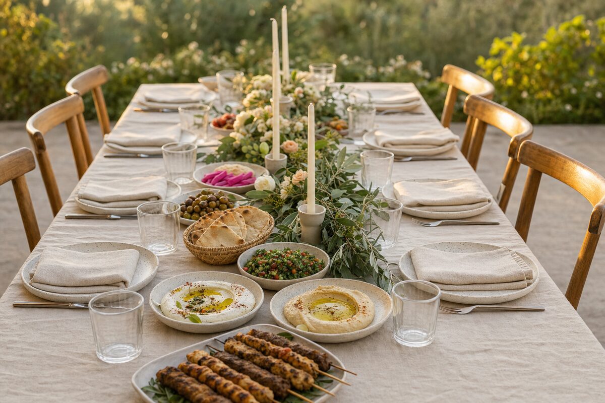A long table under cream linen set for a reception in golden evening light, with matching stoneware plates and folded linen napkins down both sides, unlit ivory taper candles, a centre runner of olive and eucalyptus greenery with pale roses, and dishes of hummus, labneh, tabouli, olives, pickled turnip, flatbread and grilled skewers.
